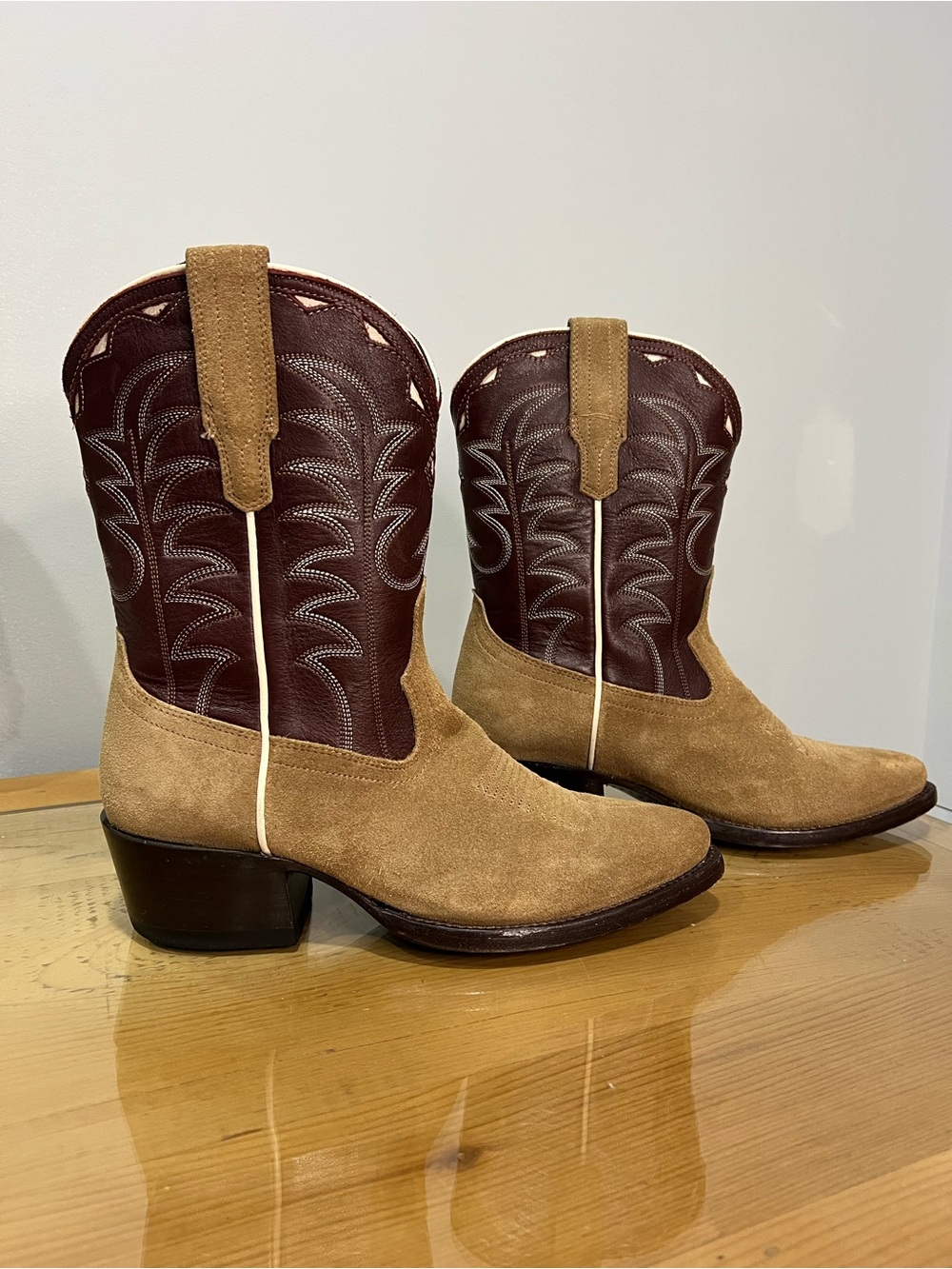 Tecovas Jolene Almond Wine Two-Tone Tan Suede Western Boots